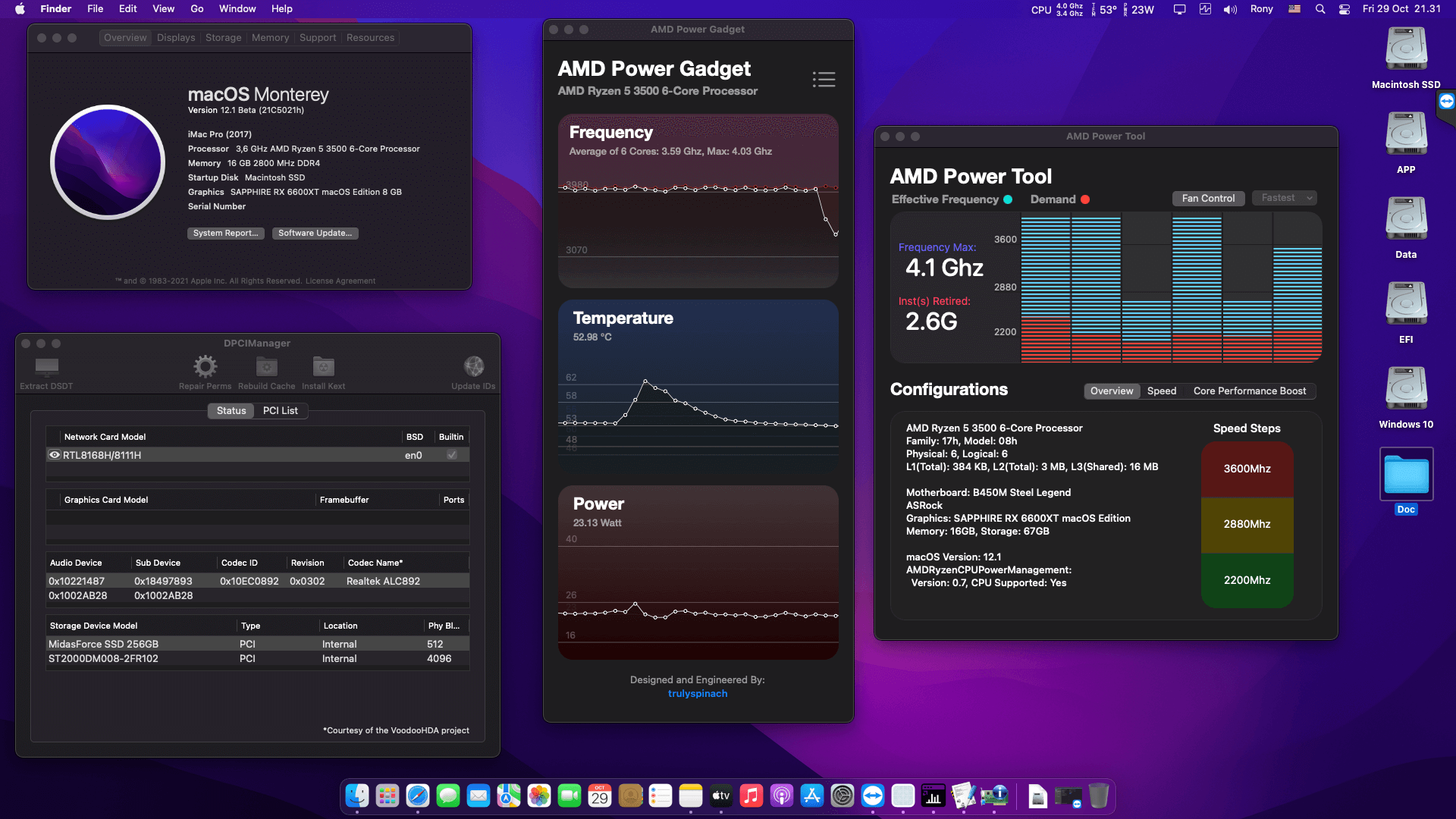 Success Hackintosh macOS Monterey 12.1 Beta Build 21C5021h in Asrock B450M Steel Legend + AMD Ryzen 5 3500 + Sapphire RX 6600XT